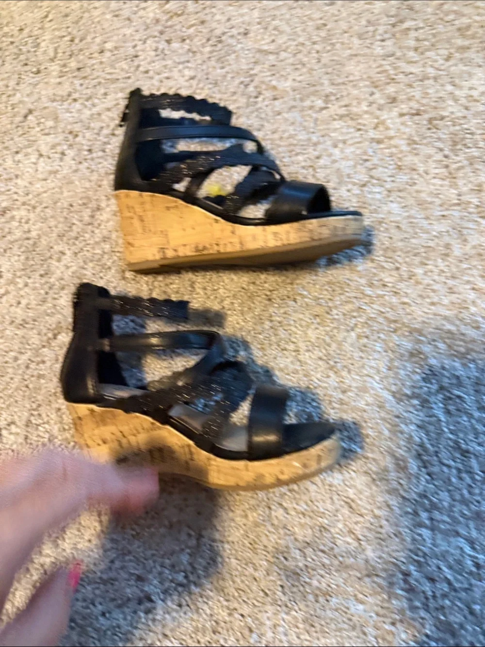 Girls Black Scalloped Strappy Wedge Sandals - Size 12